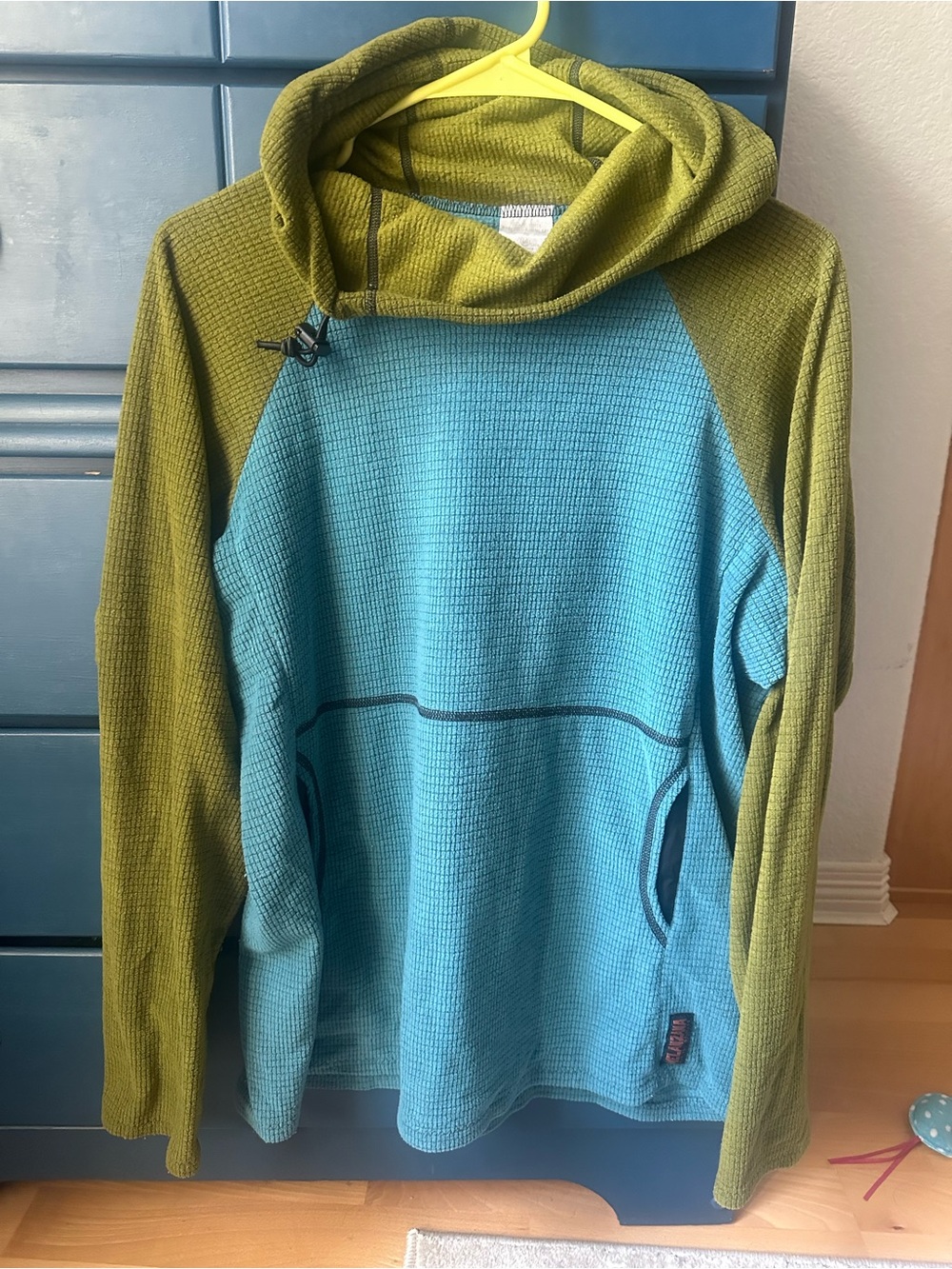 Melanzana Two-Tone Cowl Hoodie in Aqua and Olive
